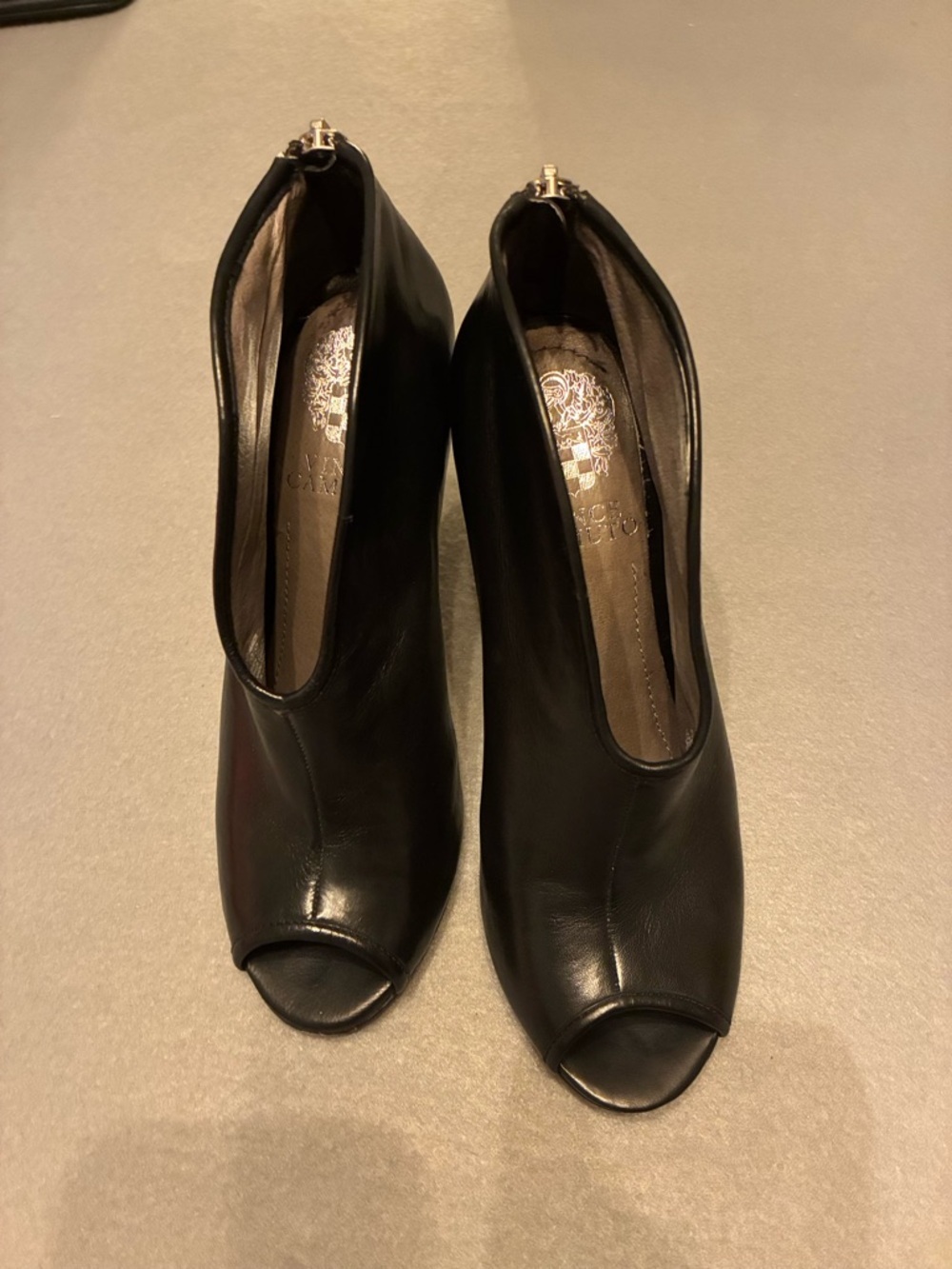 Vince Camuto Soft Genuine Black Leather Peep-Toe Booties